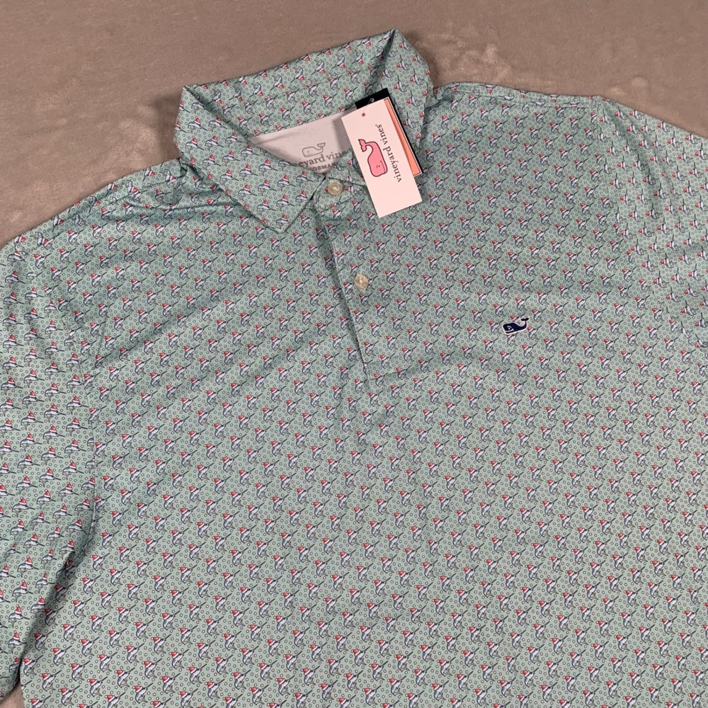 Vineyard Vines Polo Shirt Mens Large Green Holiday Santa Swordfish Performance